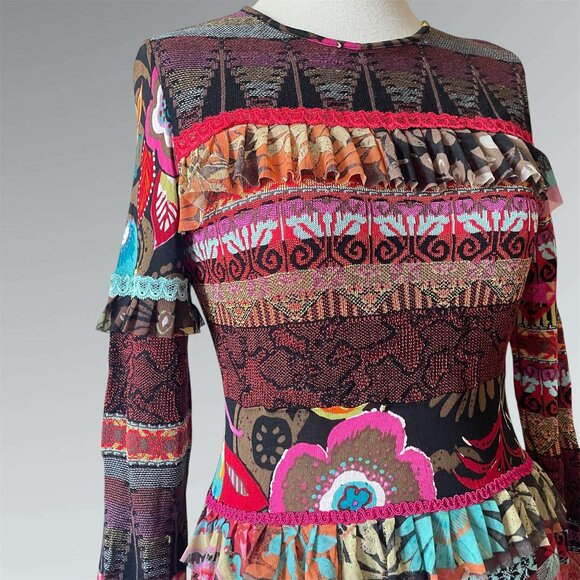 CHACOK French 90s Y2K Mixed Floral Print Mesh & Ruffle Knit Top - Picture 3 of 9